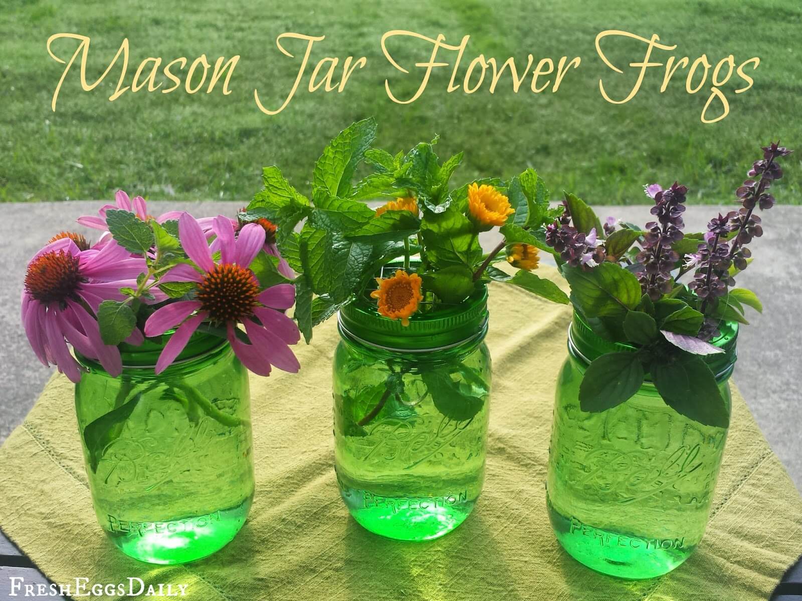 Green Mason Jars with Flower Frogs