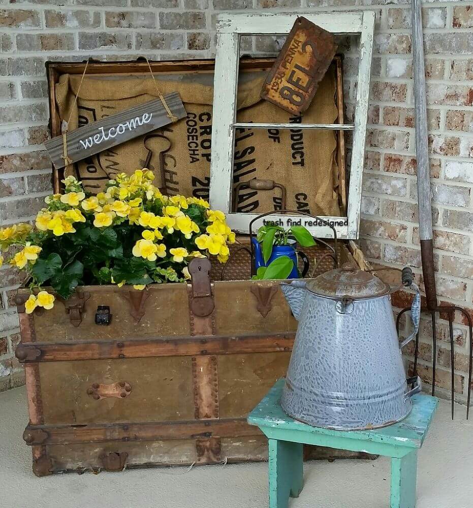 Old Steamer Trunk Planter with Accessories