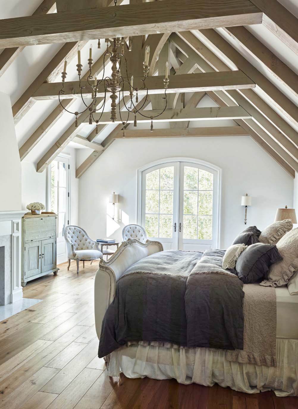 Oversized Chandelier and Exposed Beams