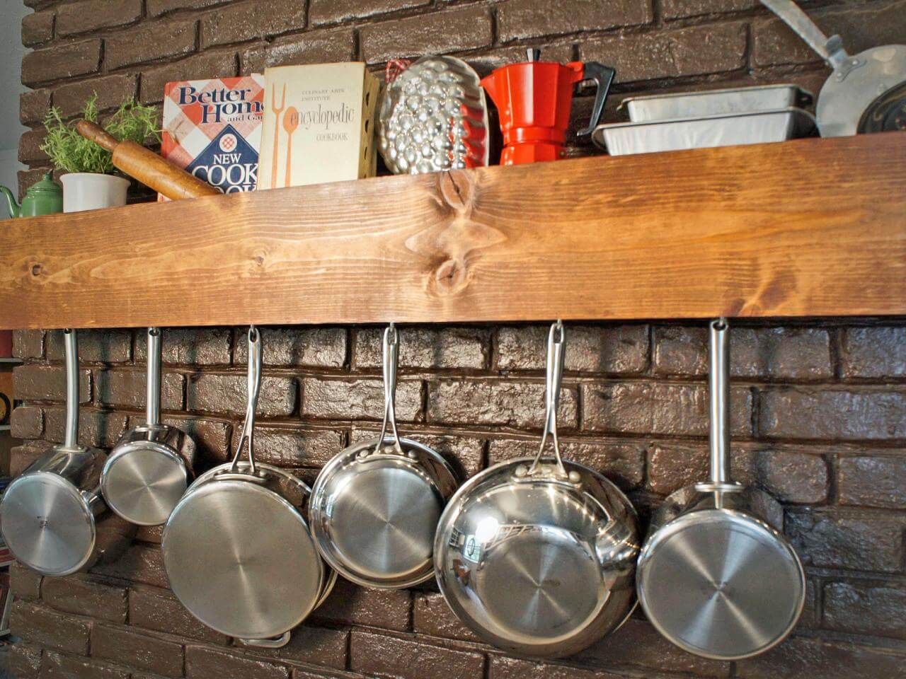 Wooden Wall Shelf with Ledge and Pot Hooks