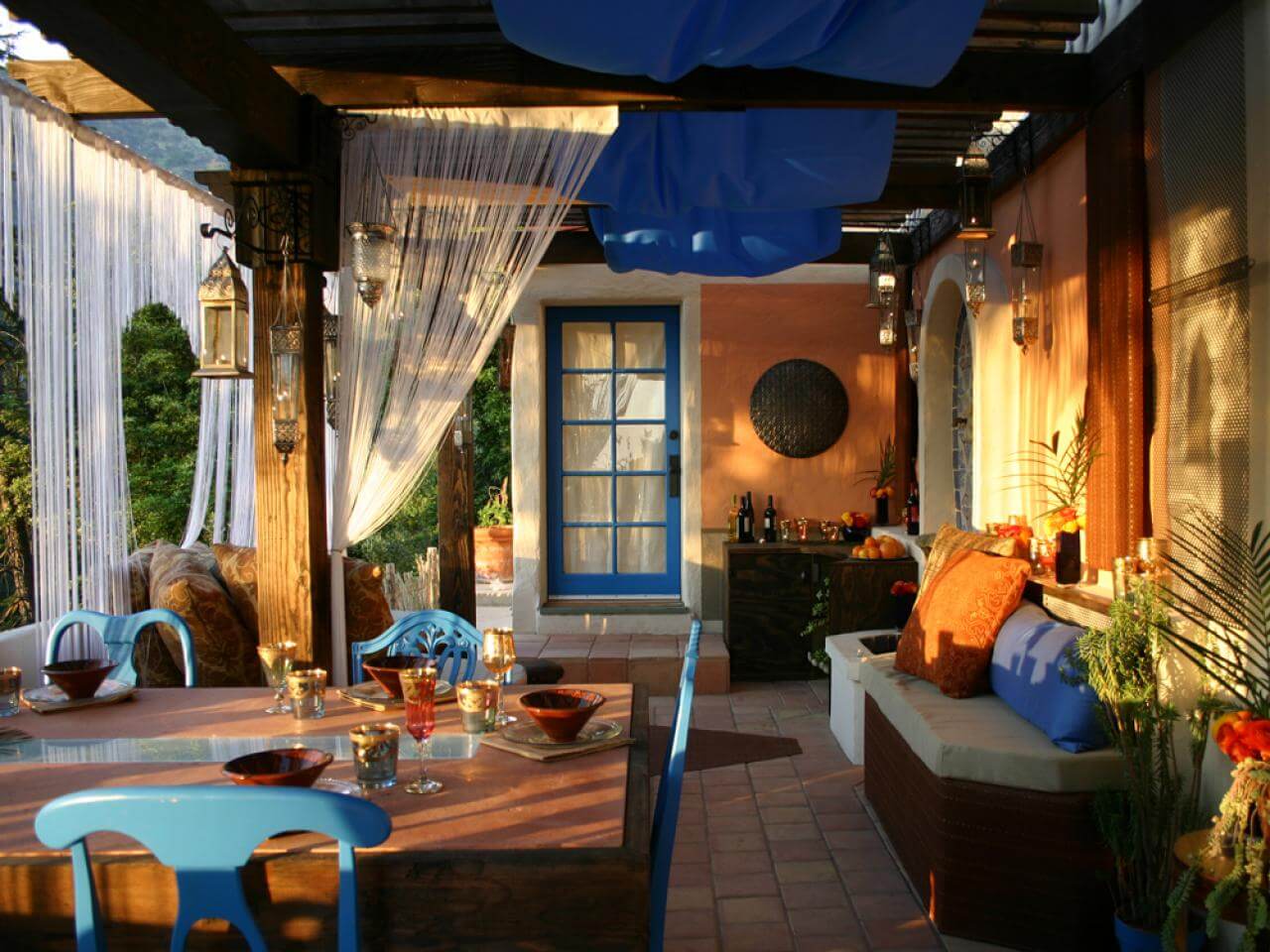 Dreamy Patio Dining Area with Blue Accents