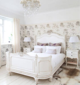 Gorgeous Sleigh Bed and Botanical Wallpaper