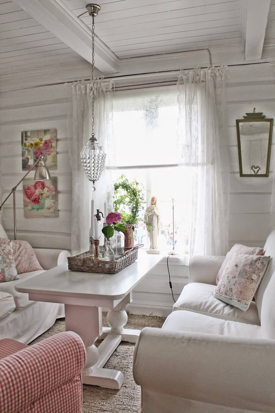 Pink Gingham Chair in White Living Room