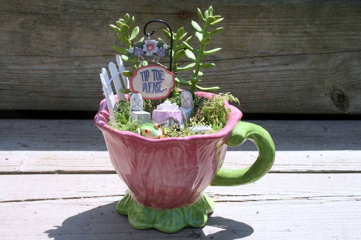 Blooming Teacup with a White Picket Fence