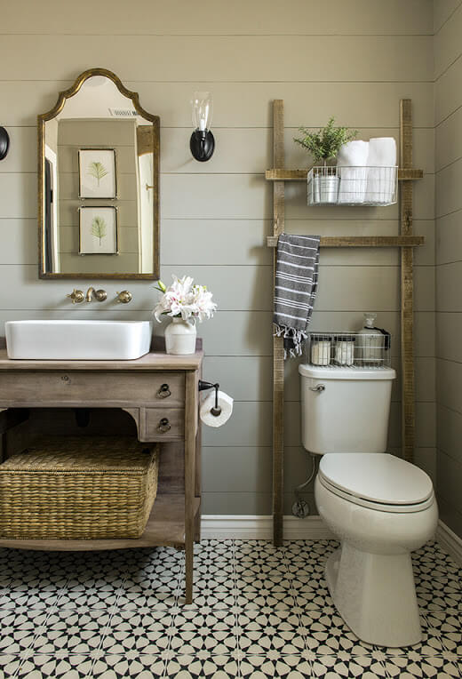 Rustic Wooden Bathroom Storage Ladder