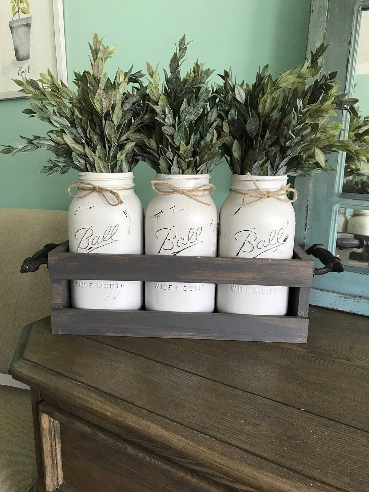 Painted White Mason Jars with Greenery