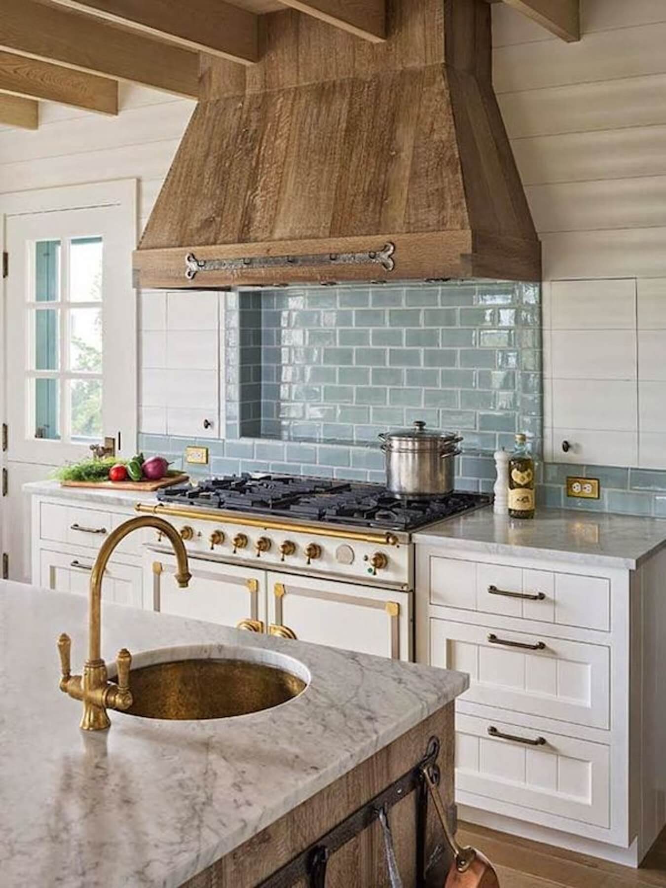 Wood Kitchen Vent above Polished Gray Brick