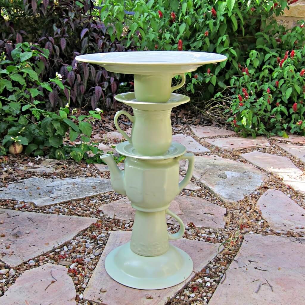 Bird Bath with Stacked Tea Set