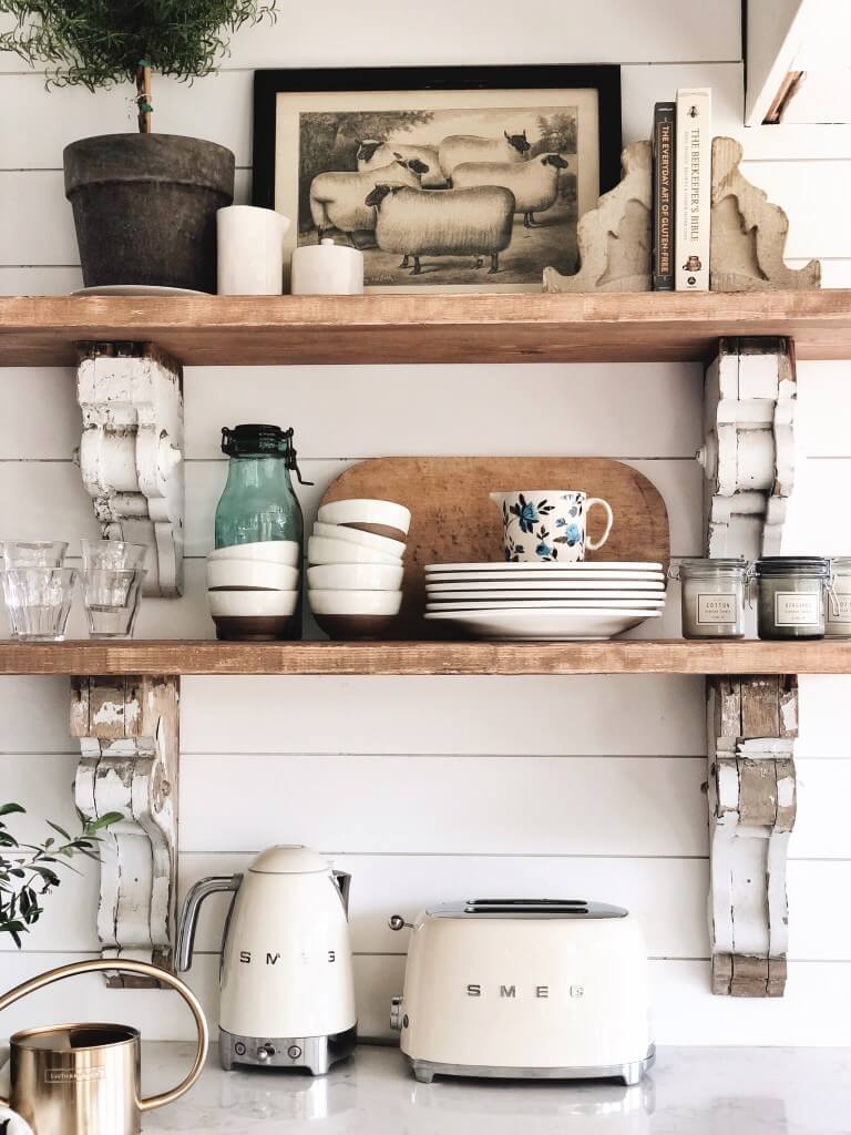 Open Kitchen Shelves with Farm Prints