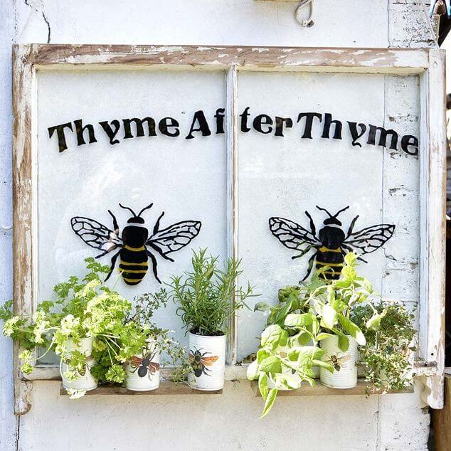 Bee Themed Painted Window with Herbs