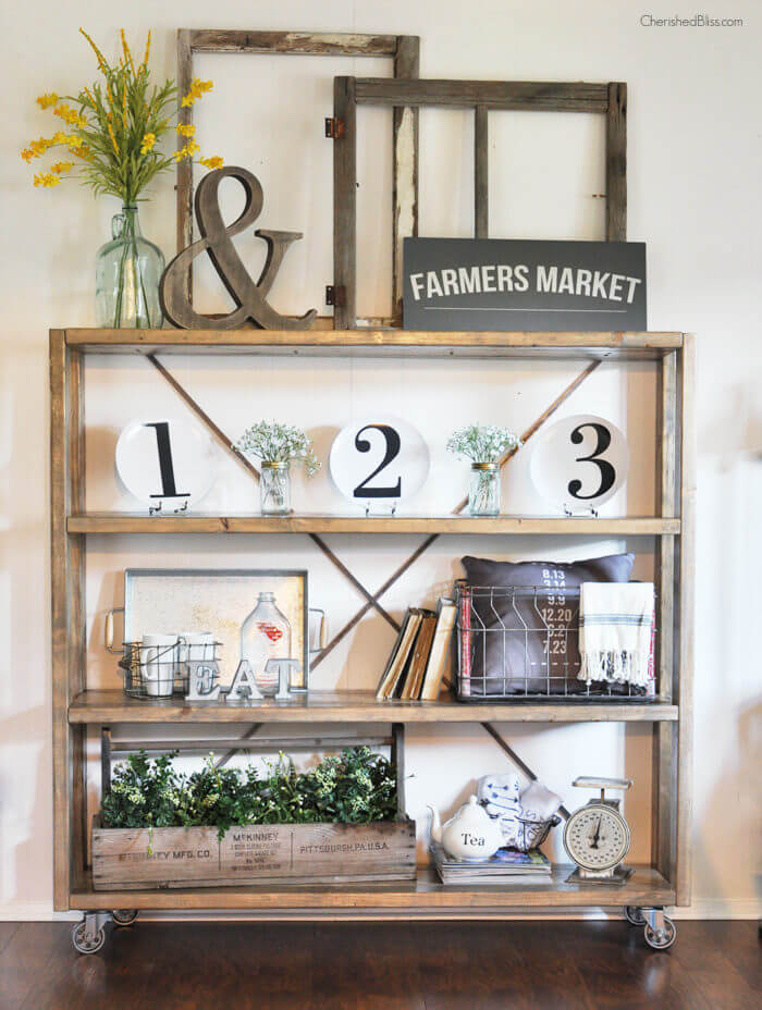 Rolling Bookshelf with Old Window Frames