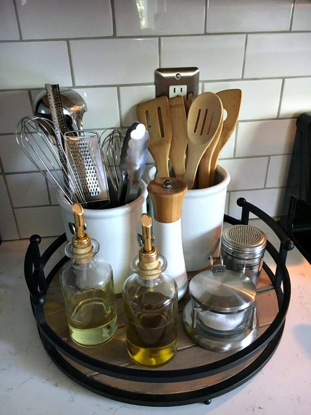 Lazy Susan With Utensil Crocks And Seasonings Homebnc