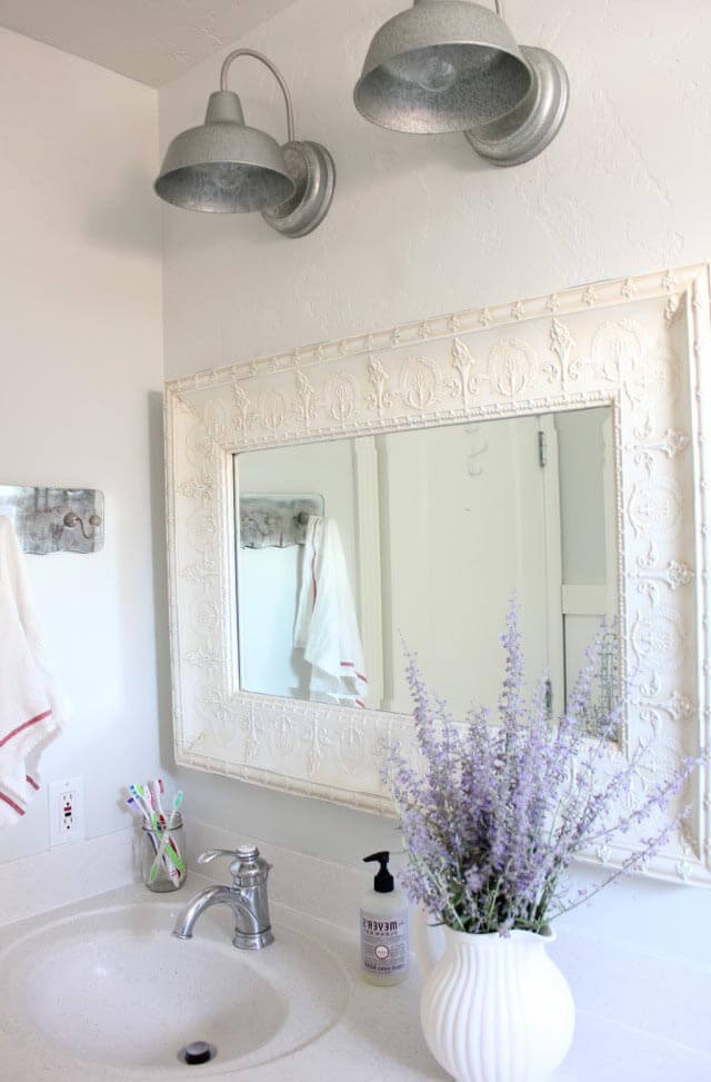 Wide Framed White Mirror with Lavender Flowers