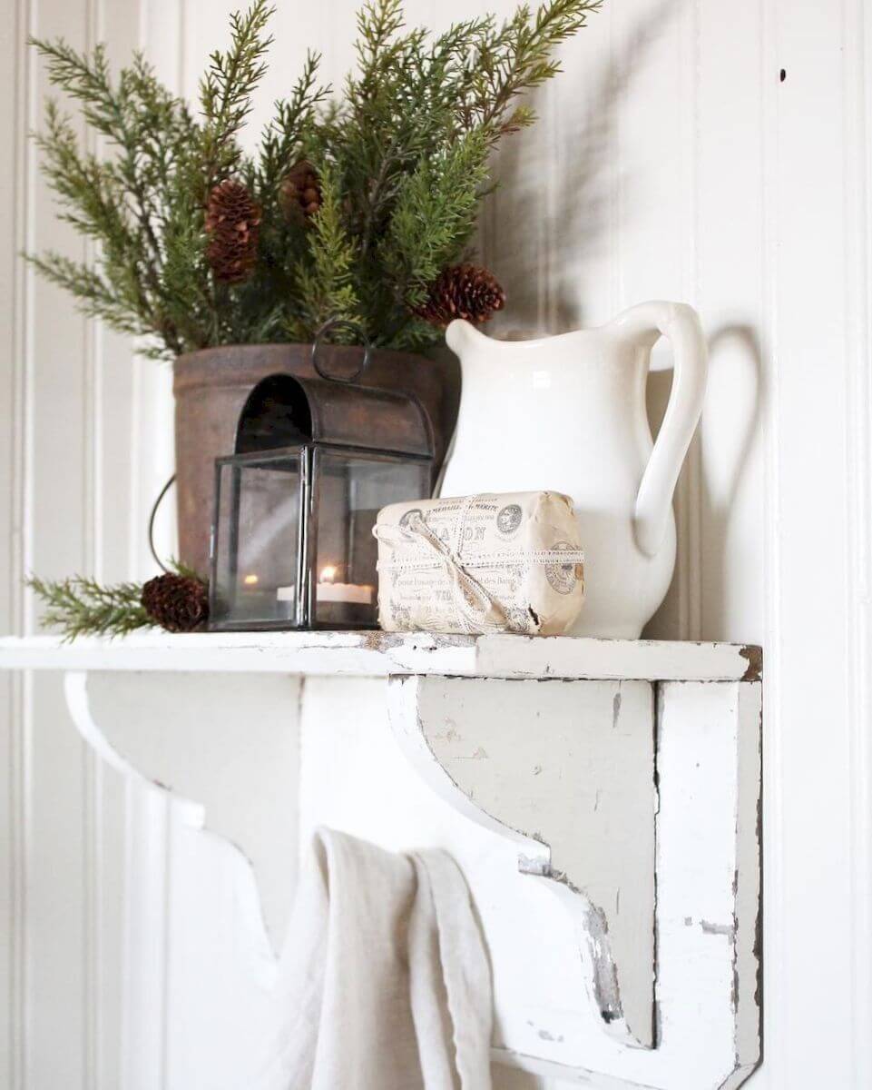 Vintage Painted Wall Shelf with an Old Pitcher