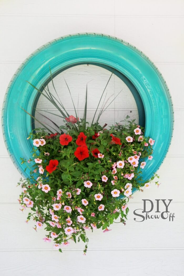 Tire Planter Colored in Teal Blue