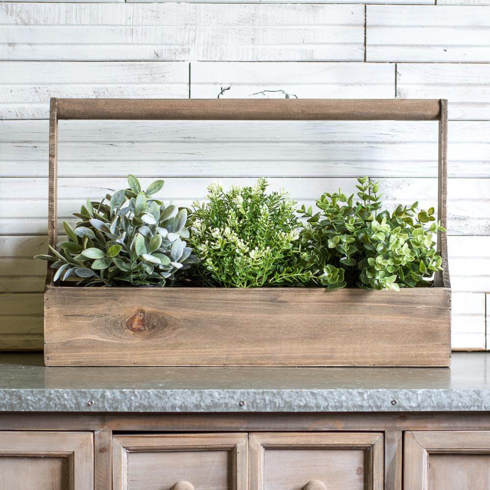 Softly Finished Wooden Planter Box with Greens