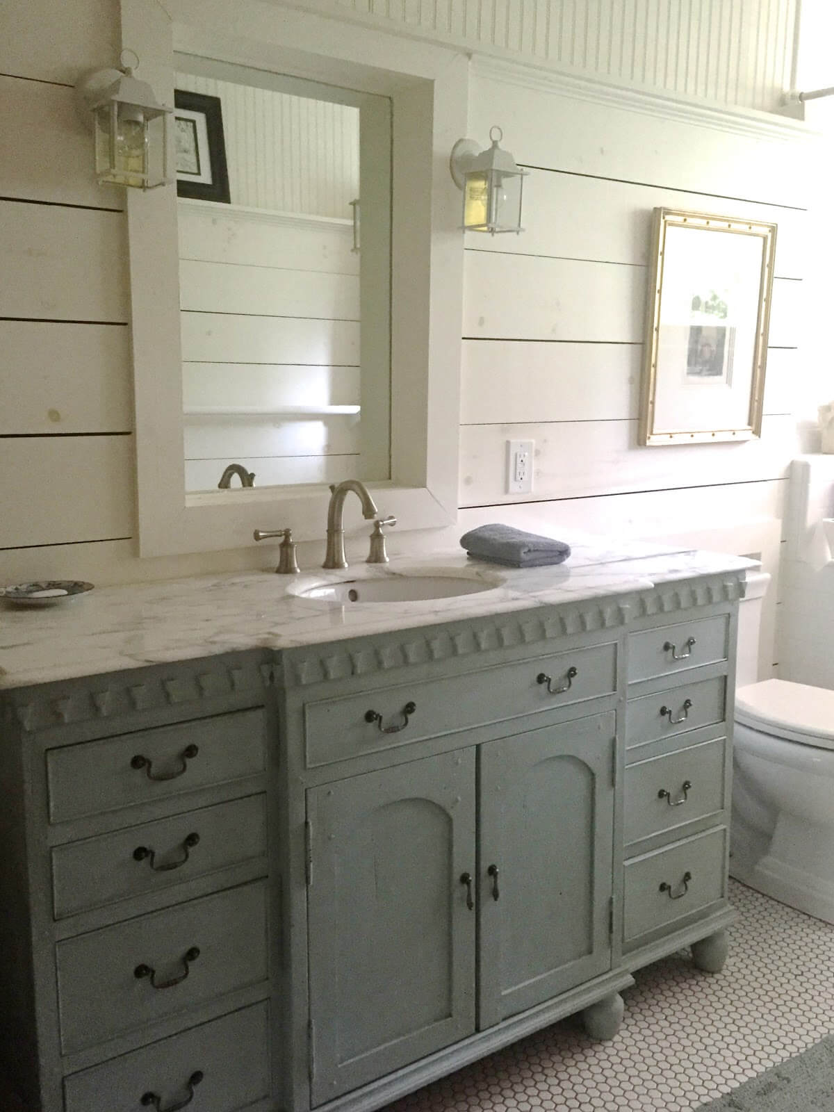 Wide Painted Vanity with Window Framed Mirror