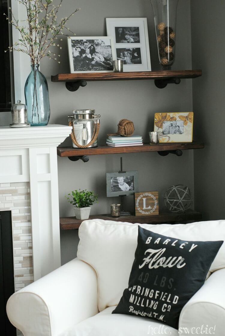 Stained Wood Shelves on Metal Supports