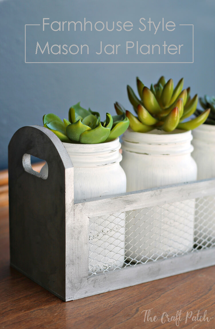 White Mason Jars in a Metal Container with Succulents