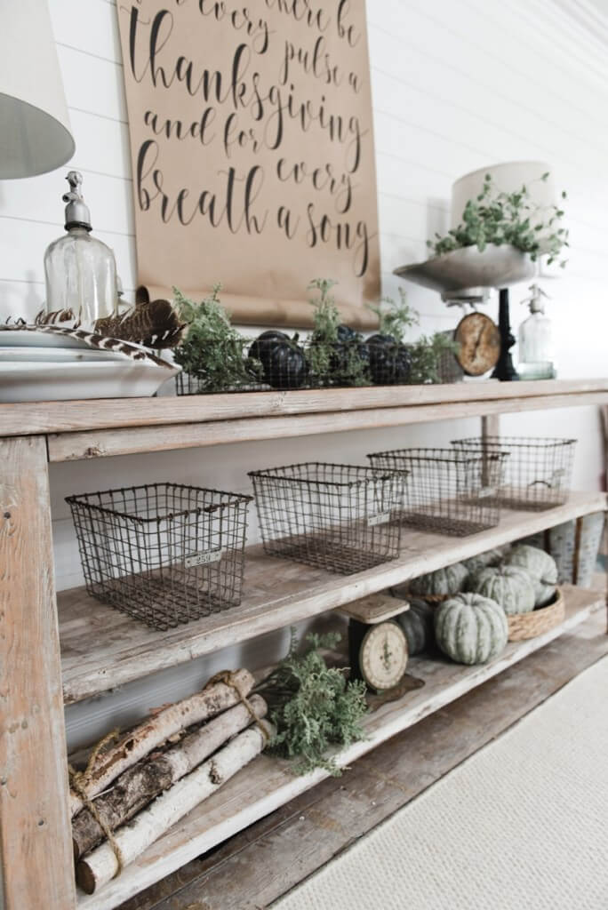 Long Sideboard with Wire Baskets, and Gourds