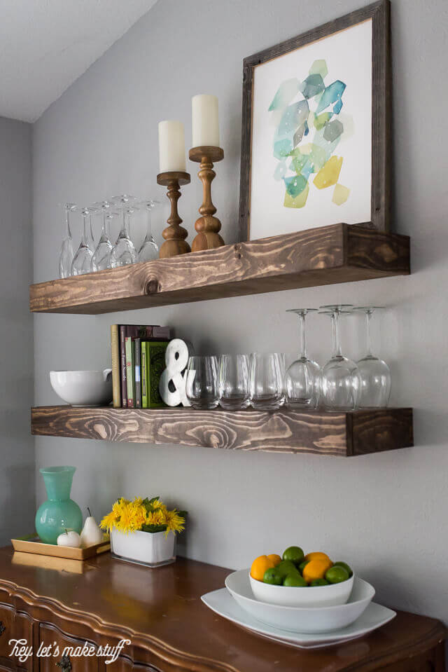 Dark Stained Wall Shelves with Glassware