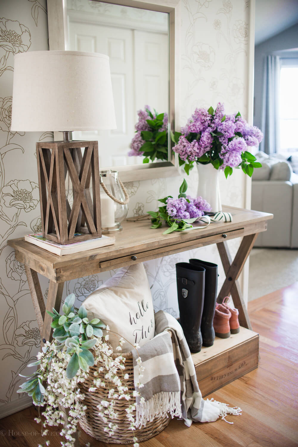 Country Cross Table Holds Lamp and Hydrangeas