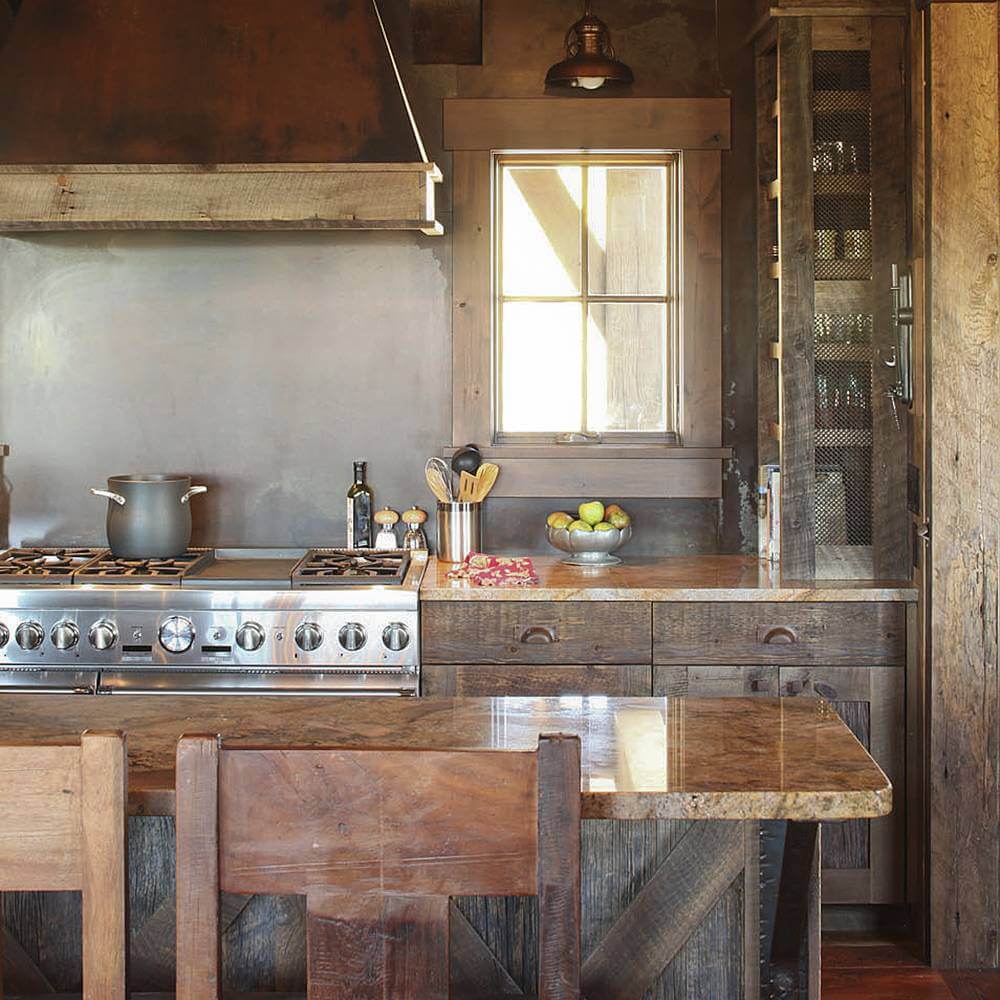 Brown Marble Accents Kitchen in Walnut Wood