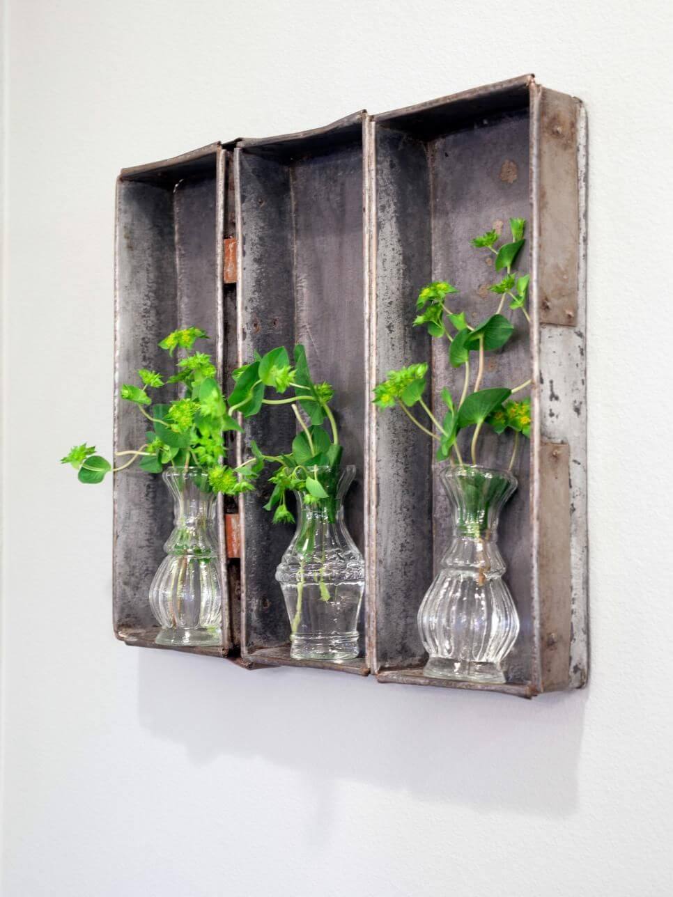 Old Metal Trays with Little Glass Vases Inside