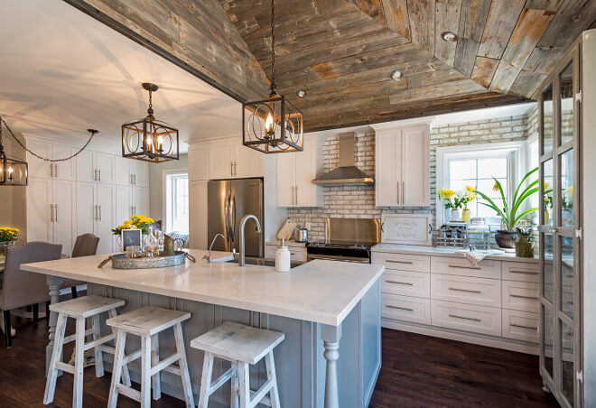 Dark Wood Ceiling Inset Contrasts White Kitchen Homebnc