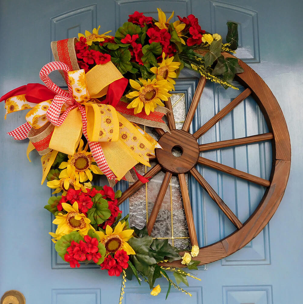 Cheerful Bright Wagon Wheel Wreath with Flowers