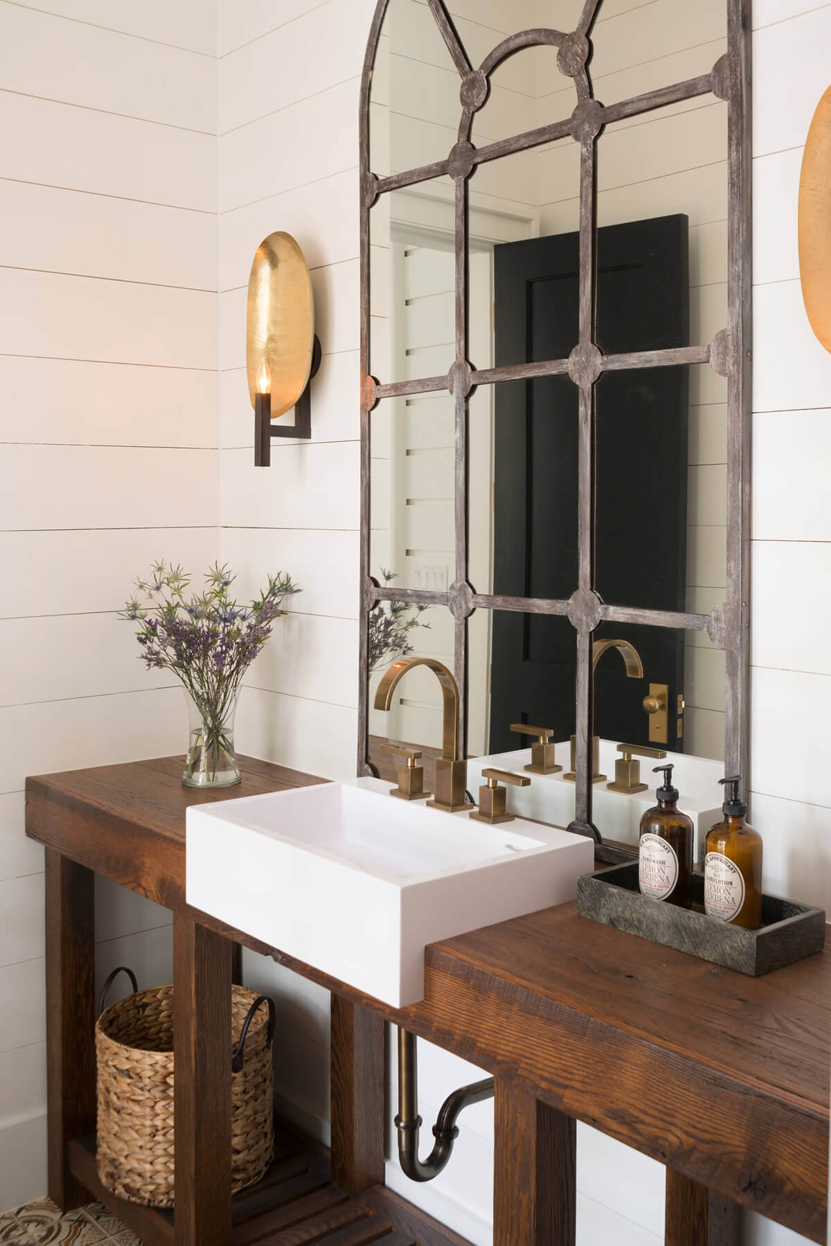 Mullioned Window Mirror over a Farmhouse Sink