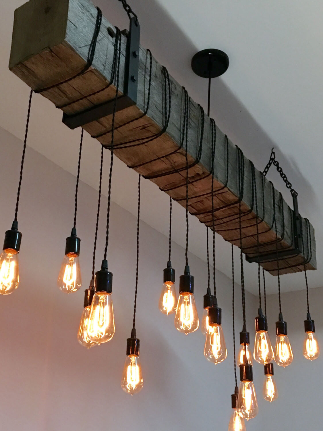 Light Fixture with Railroad Tie and Edison Lights