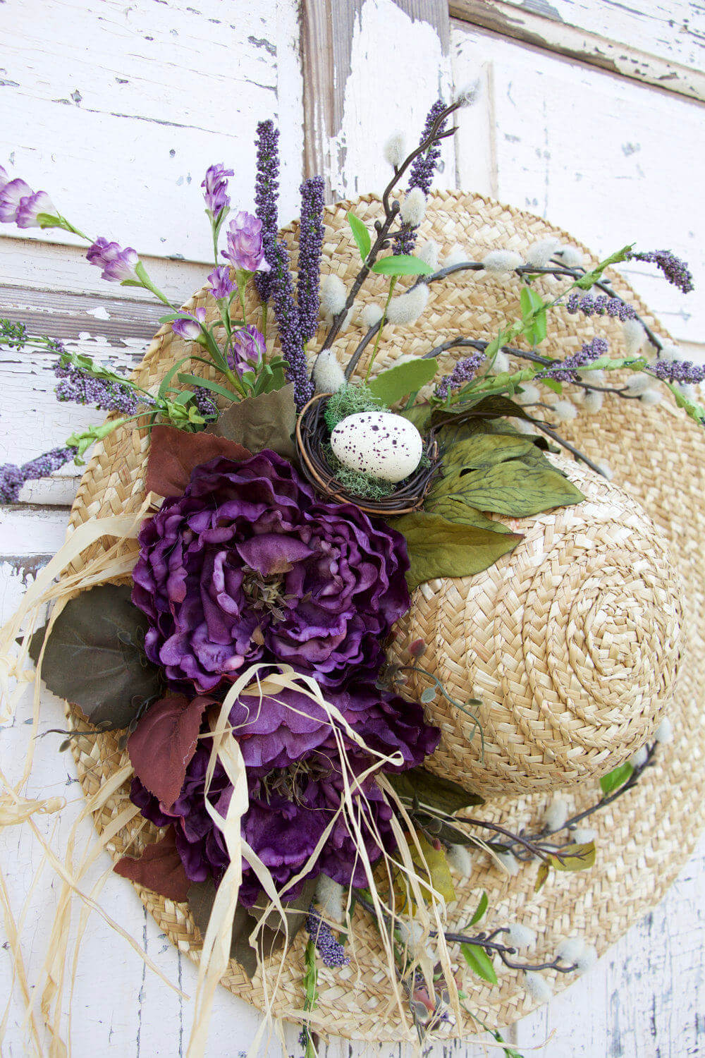 Straw Hat Wreath with Purple Blossoms