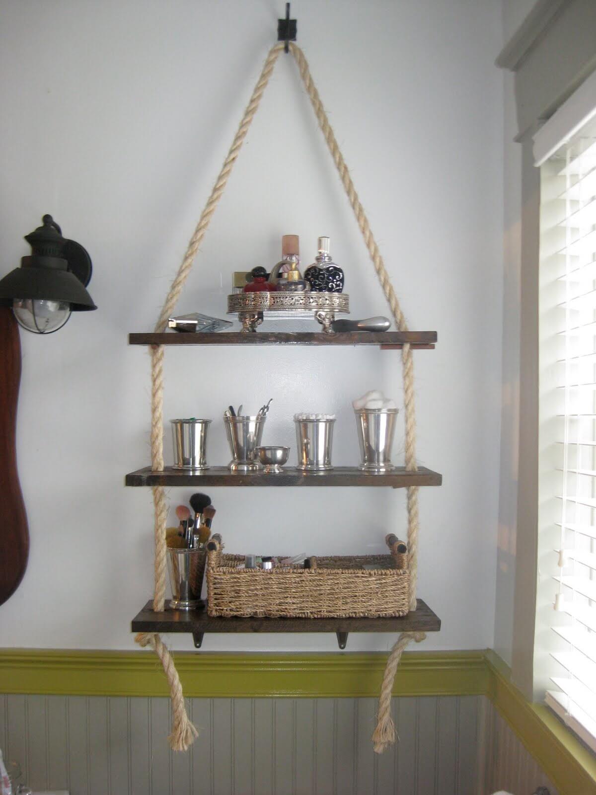 Rope Mounted Hanging DIY Bathroom Organizing Shelves