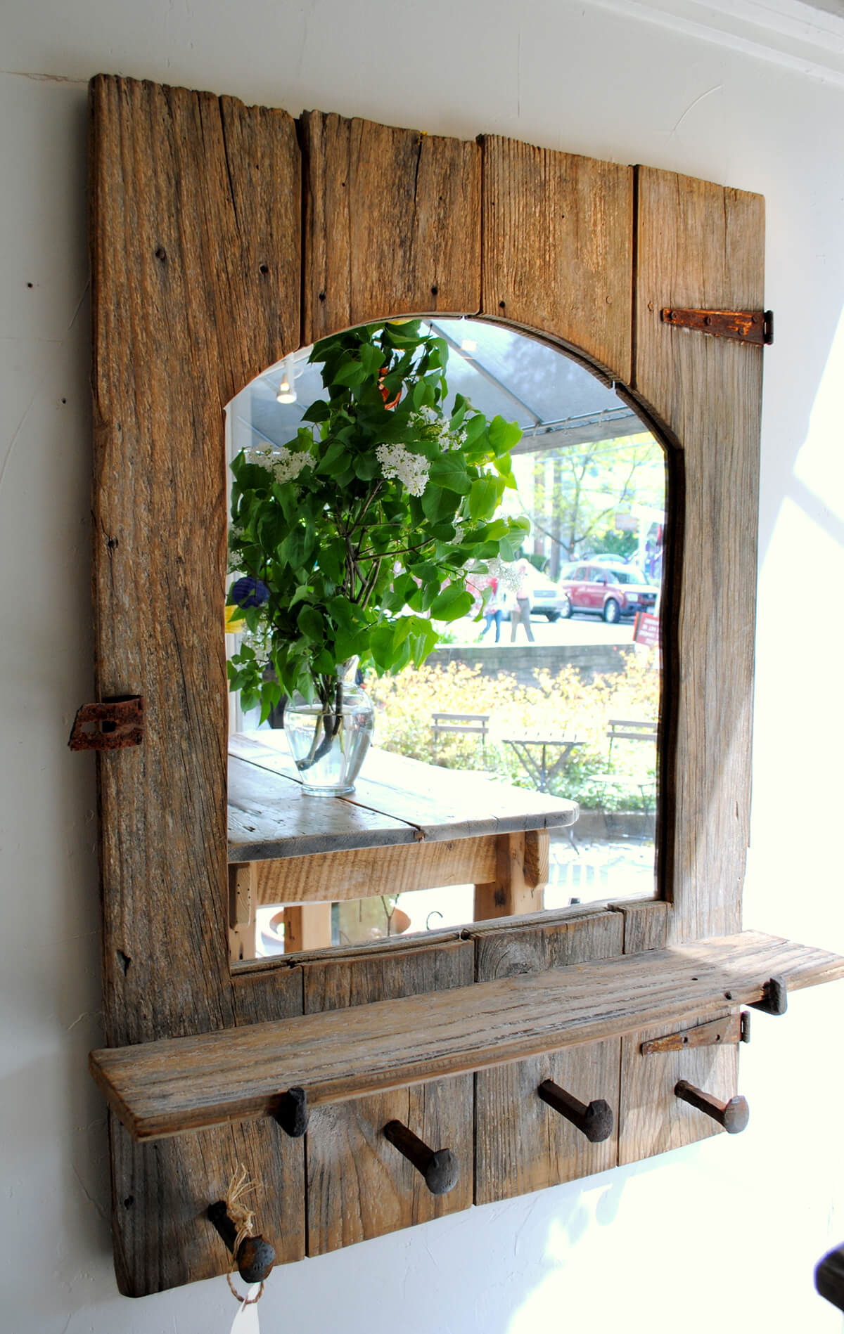 Old Barn Shutter with Mirror and Hooks