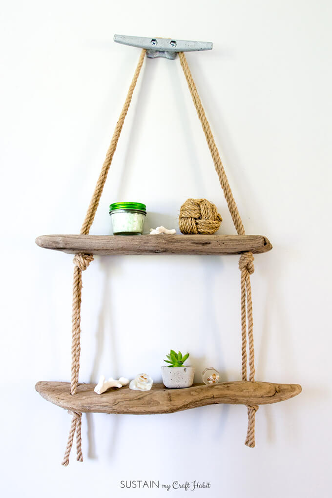 Hanging Driftwood Shelf with Nautical Hardware