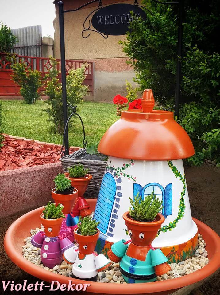 Clay Pot Family with a Cute House