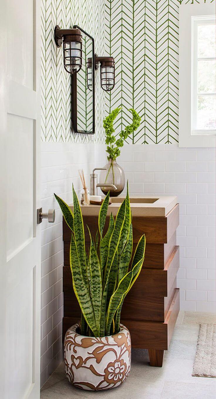 Elegant Bathroom with Graphic Wallpaper and Plants