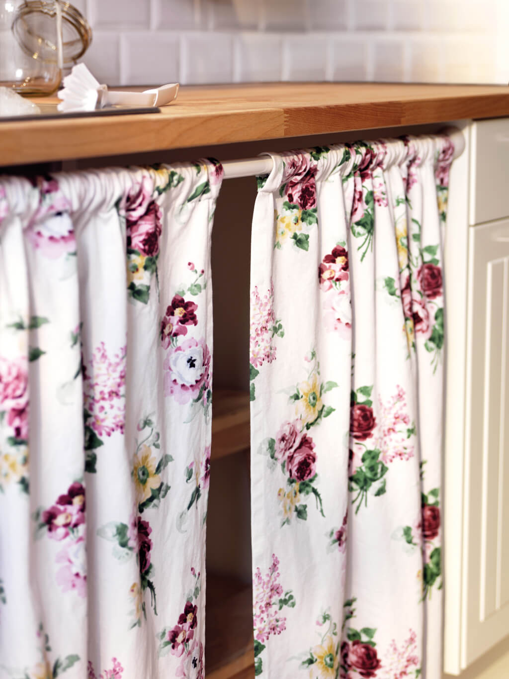 Easy Recessed Cabinet Curtain With Floral Fabric