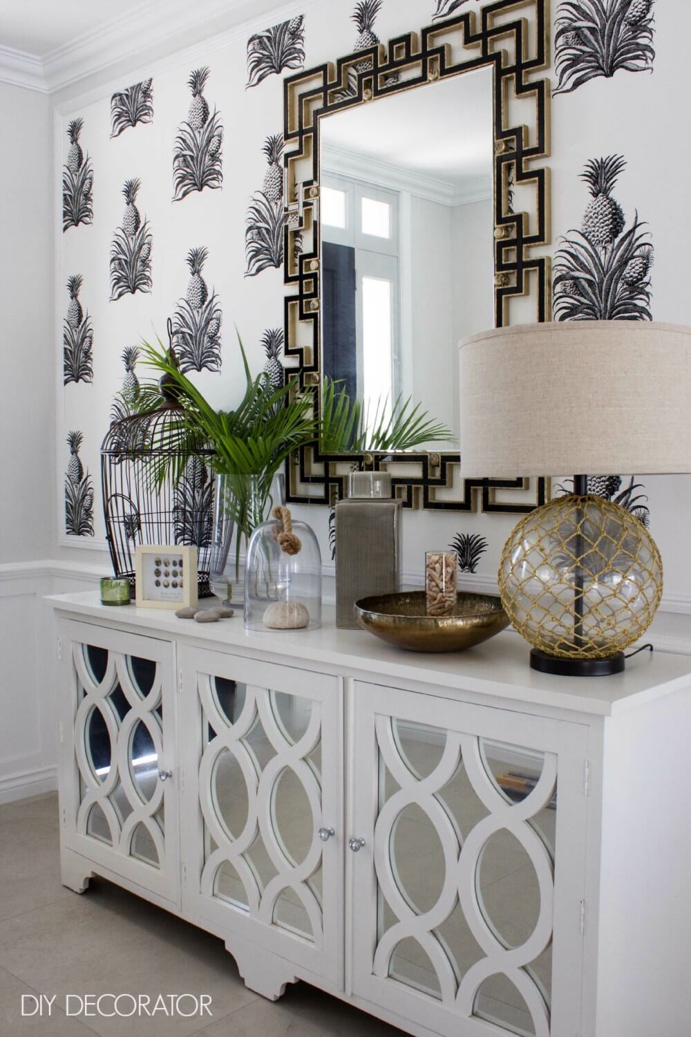 Mirrored Sideboard and Pineapple Wallpaper