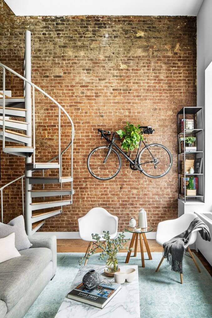 Exposed Brick, Spiral Stair, and Wall Bike