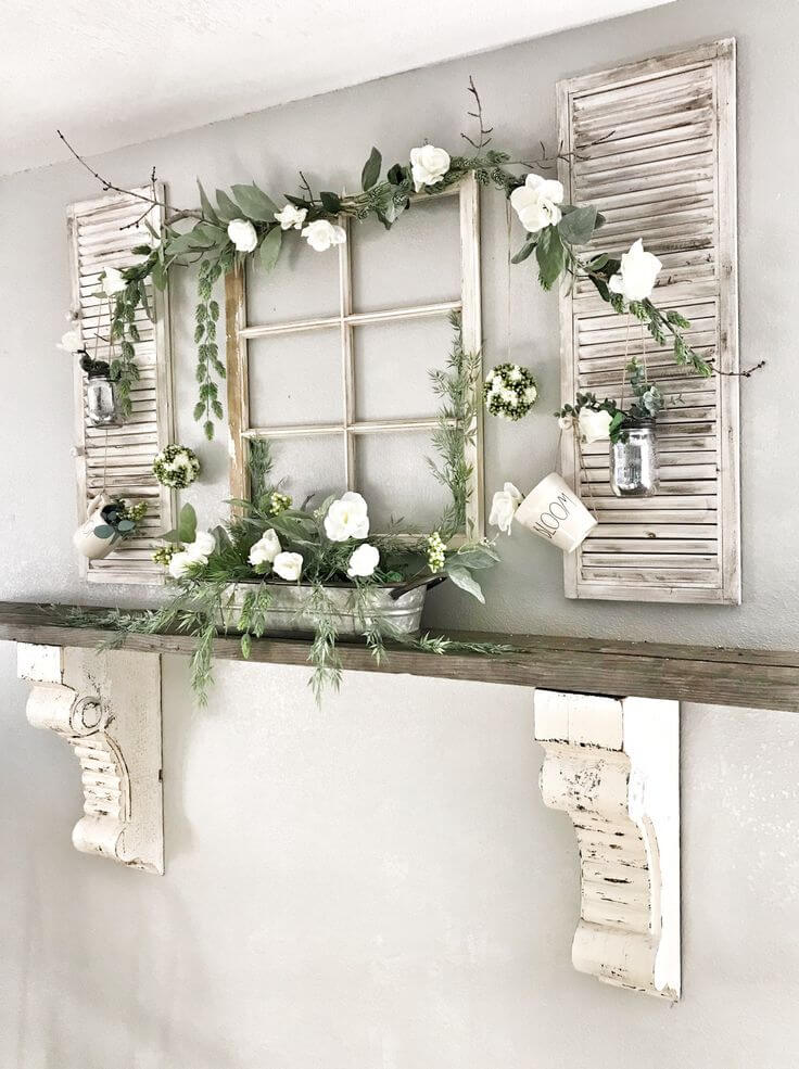 Antique Wood Mantel Shelf Window Frame and Flowers