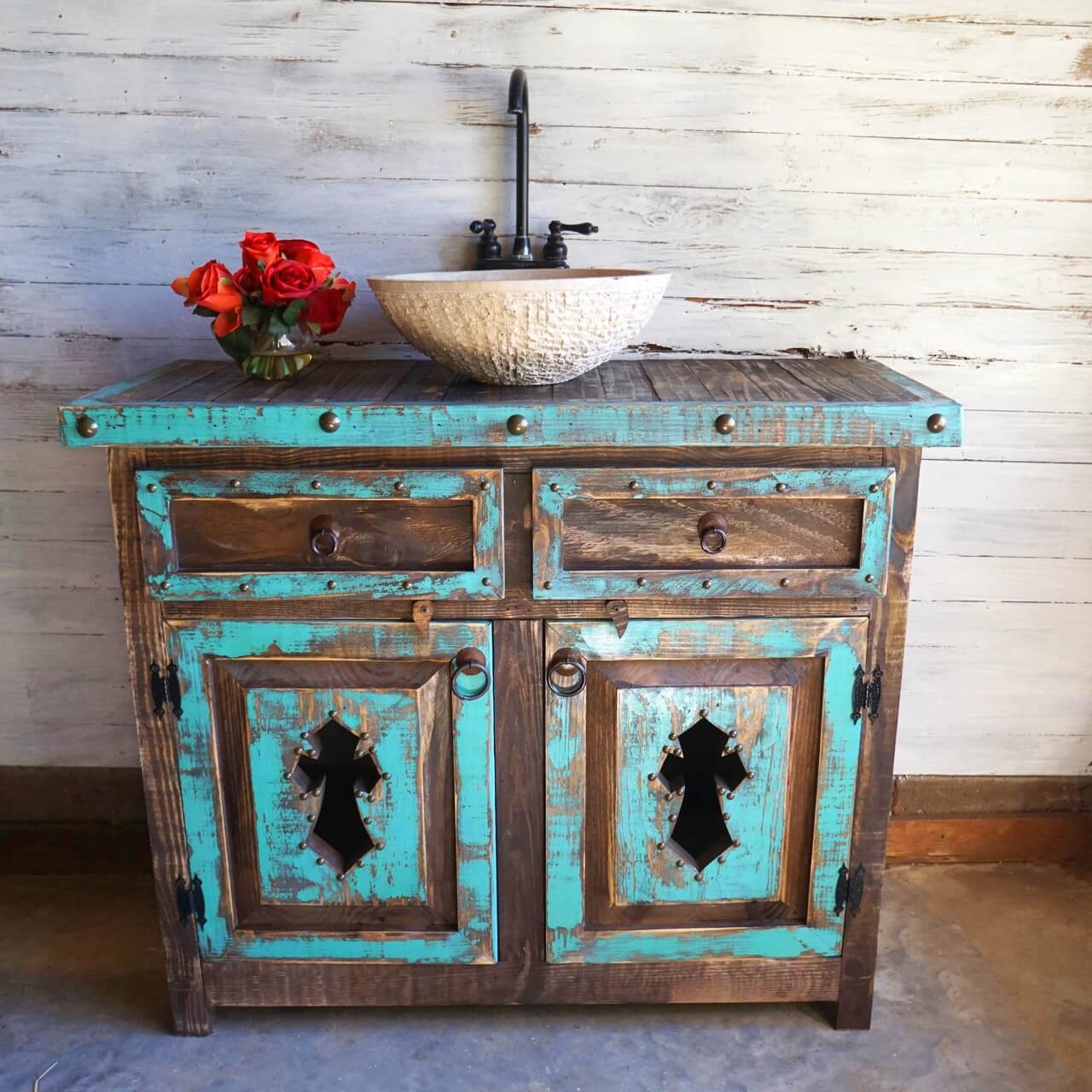 Distressed Teal and Brown Vanity