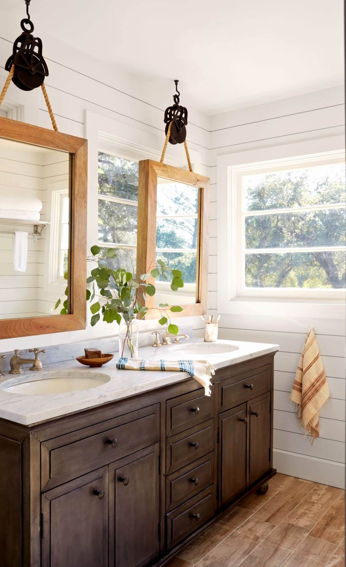 Dark Wood Bathroom with White Countertop