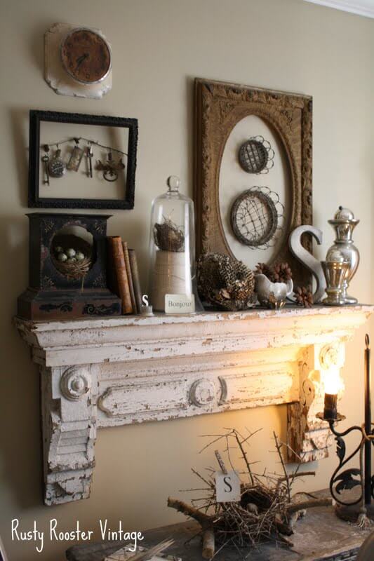 Antique Mantel Shelf With Curio and Frames