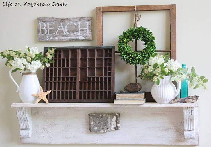 Distressed White Mantel Shelf and Ceramic Vases