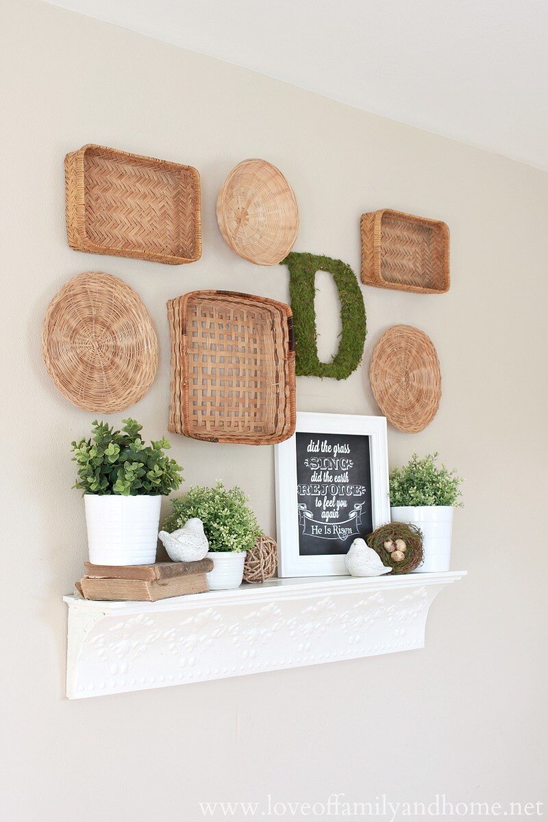 Decorative White Sloped Mantel Shelf and Baskets