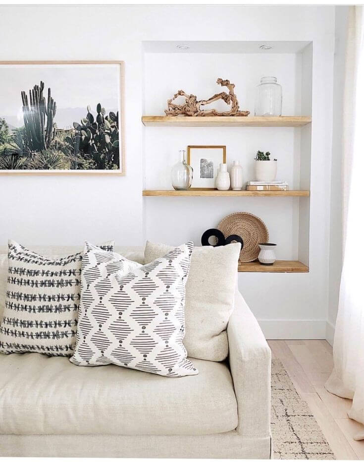 Minimalist White, Black, and Wood Living Room