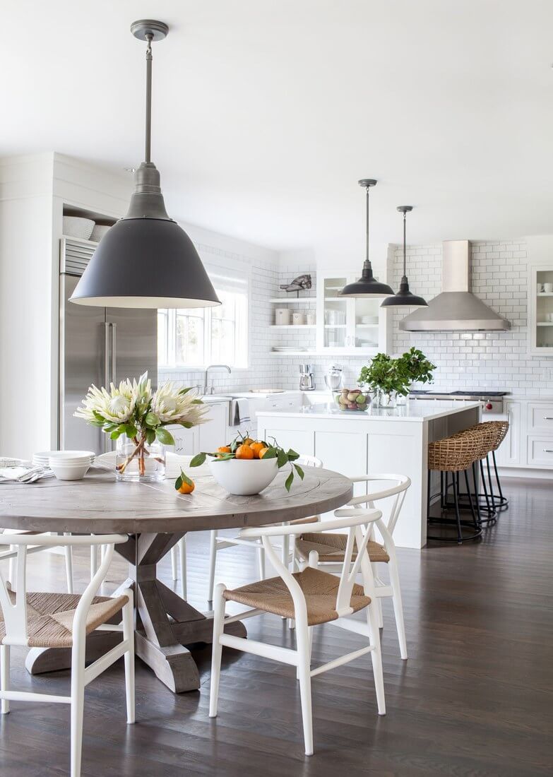 White Subway Tile, Wood Floors, Metal Fixtures