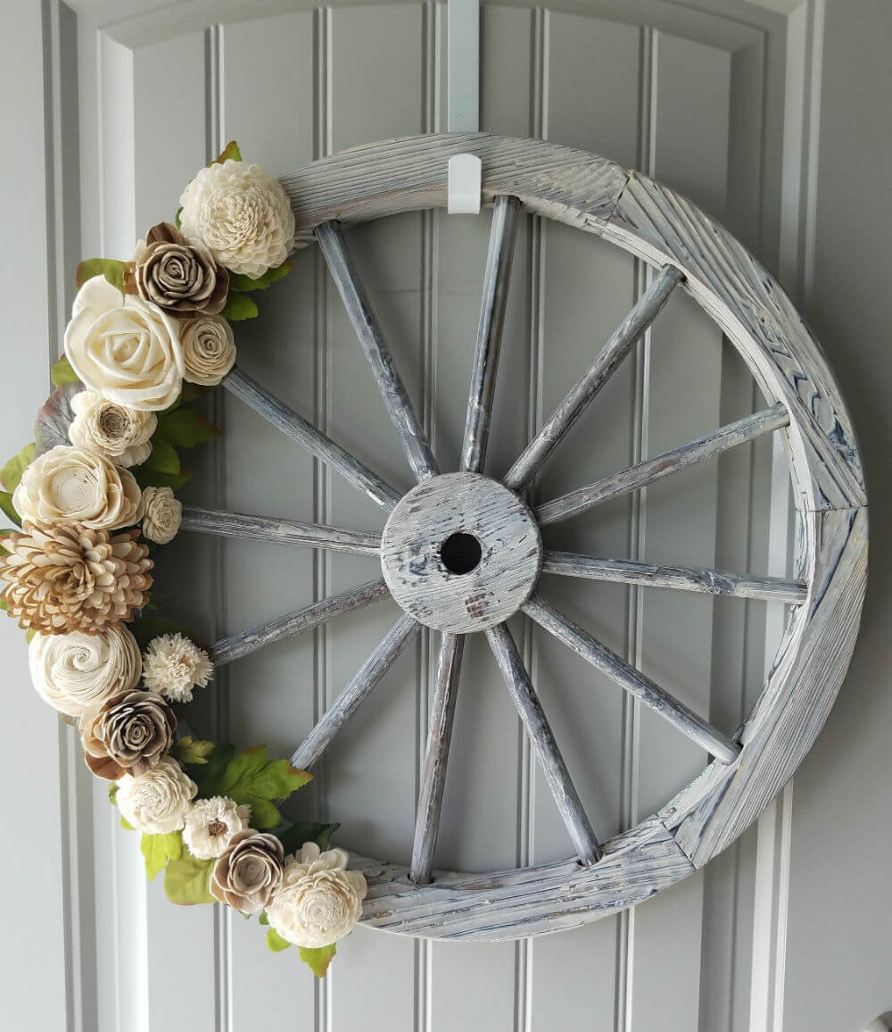Lovely Handmade Wood Flower Wagon Wheel Wreath